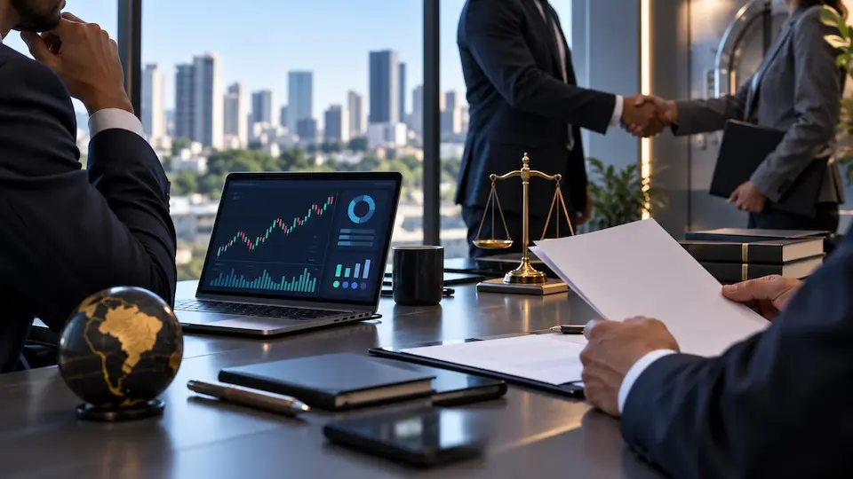 Mesa de escritório com notebook exibindo gráficos financeiros, globo decorativo, balança da justiça e pessoas de terno apertando as mãos ao fundo