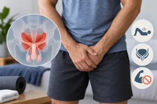Homem em roupa esportiva com ilustração anatômica do assoalho pélvico masculino e ícones sobre exercícios e função urinária.