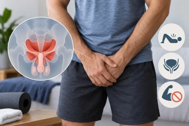 Homem em roupa esportiva com ilustração anatômica do assoalho pélvico masculino e ícones sobre exercícios e função urinária.