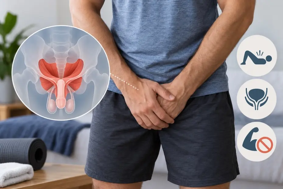 Homem em roupa esportiva com ilustração anatômica do assoalho pélvico masculino e ícones sobre exercícios e função urinária.