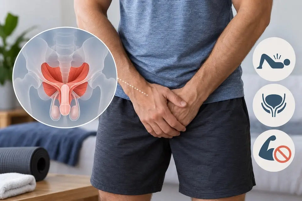 Homem em roupa esportiva com ilustração anatômica do assoalho pélvico masculino e ícones sobre exercícios e função urinária.