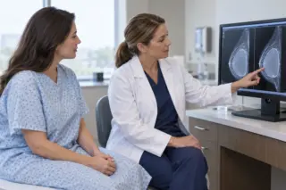 médica apontando para imagens de exames de mama em monitor enquanto paciente em bata observa