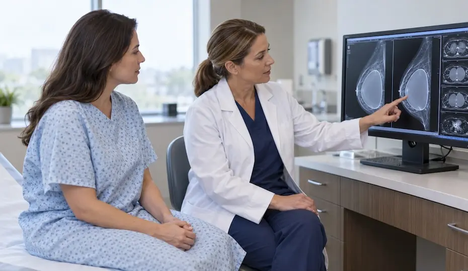 médica apontando para imagens de exames de mama em monitor enquanto paciente em bata observa