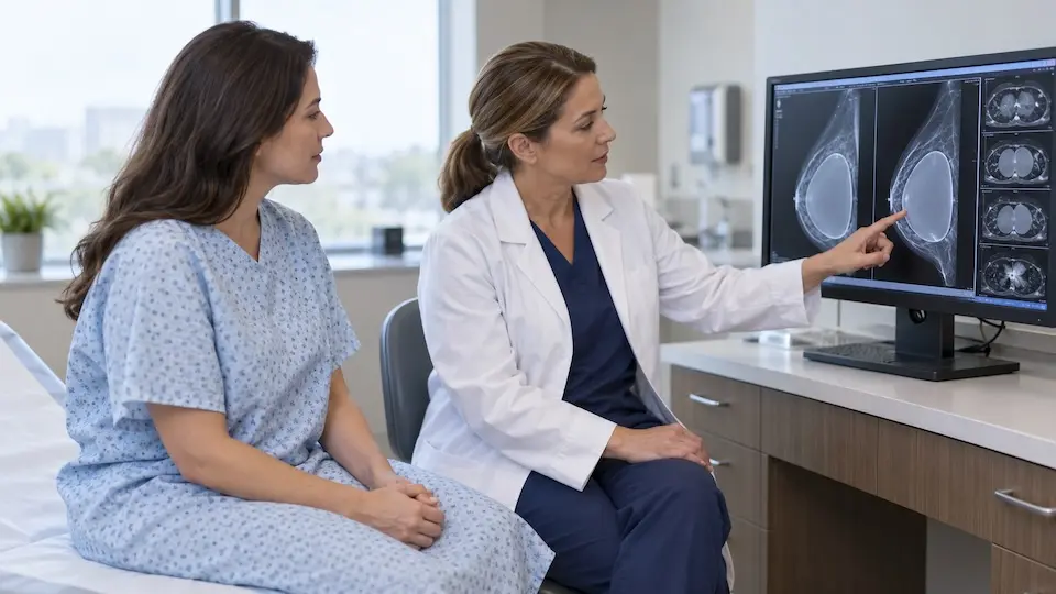 médica apontando para imagens de exames de mama em monitor enquanto paciente em bata observa
