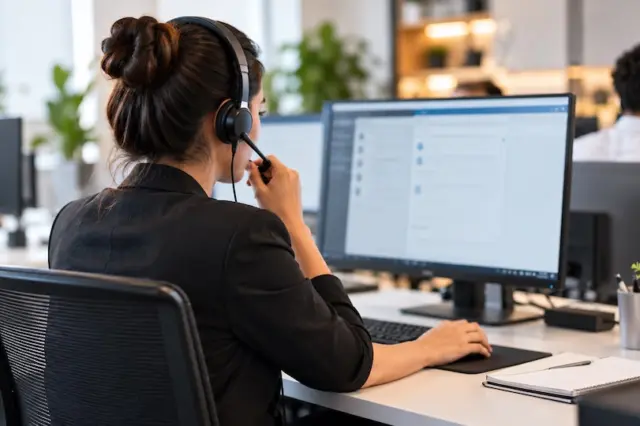 mulher usando headset sentada de costas em mesa de escritório em frente a monitor de computador