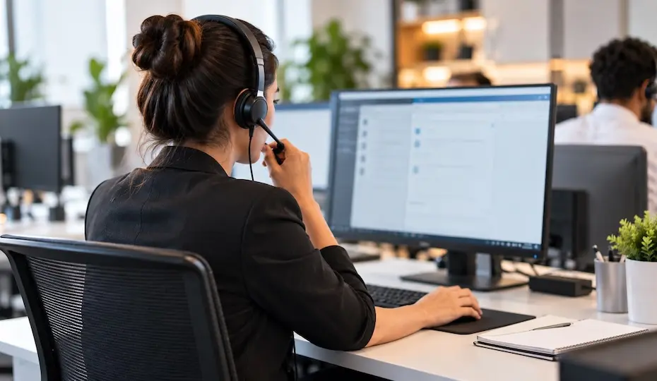 mulher usando headset sentada de costas em mesa de escritório em frente a monitor de computador