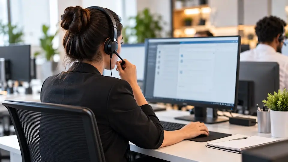 mulher usando headset sentada de costas em mesa de escritório em frente a monitor de computador