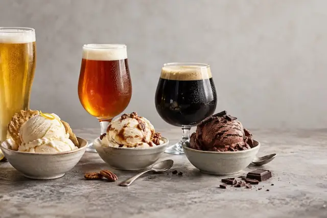 Três taças de cerveja (clara, âmbar e escura) alinhadas atrás de três tigelas com bolas de sorvete, com pedaços de chocolate, nozes e uma fatia de limão em primeiro plano