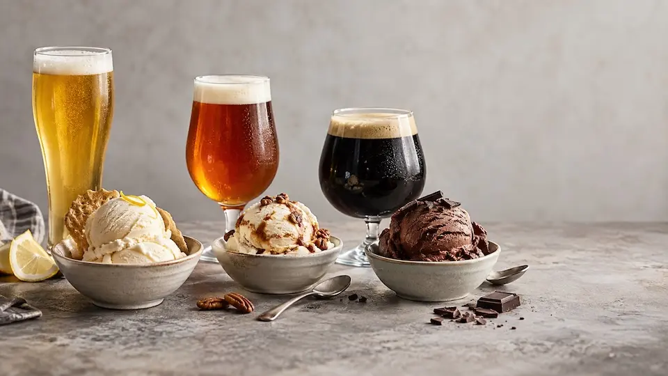 Três taças de cerveja (clara, âmbar e escura) alinhadas atrás de três tigelas com bolas de sorvete, com pedaços de chocolate, nozes e uma fatia de limão em primeiro plano