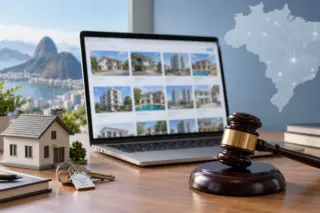Martelo de leilão em madeira sobre base, notebook com listagem de imóveis na tela, miniatura de casa, chaves e chaveiro sobre mesa e mapa do Brasil translúcido ao fundo