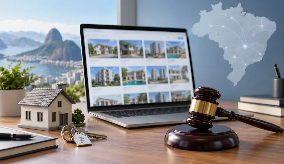 Martelo de leilão em madeira sobre base, notebook com listagem de imóveis na tela, miniatura de casa, chaves e chaveiro sobre mesa e mapa do Brasil translúcido ao fundo