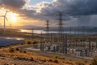 Painéis solares, subestação elétrica e torres de transmissão com turbinas eólicas ao fundo sob céu com pôr do sol e nuvens de tempestade
