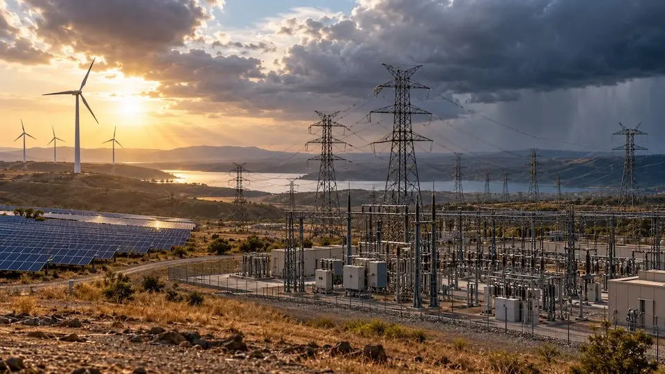 Painéis solares, subestação elétrica e torres de transmissão com turbinas eólicas ao fundo sob céu com pôr do sol e nuvens de tempestade