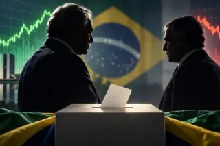 duas silhuetas masculinas em frente a uma urna com bandeira do Brasil ao fundo e gráficos financeiros ao lado