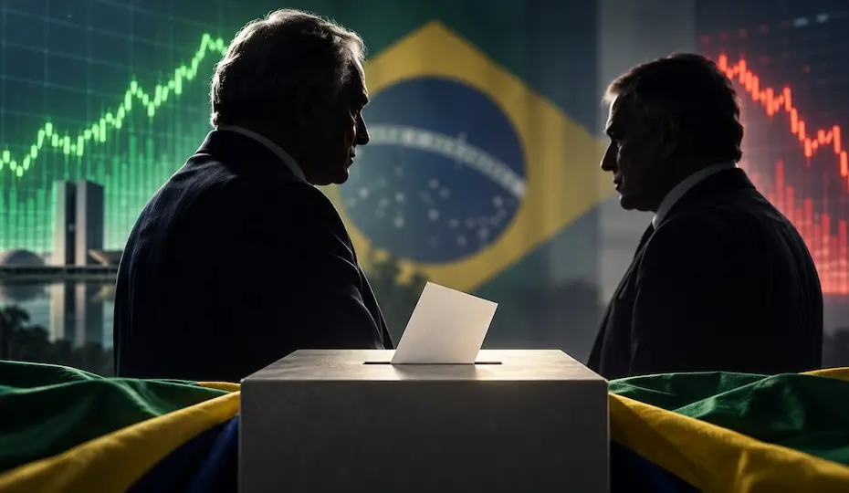duas silhuetas masculinas em frente a uma urna com bandeira do Brasil ao fundo e gráficos financeiros ao lado