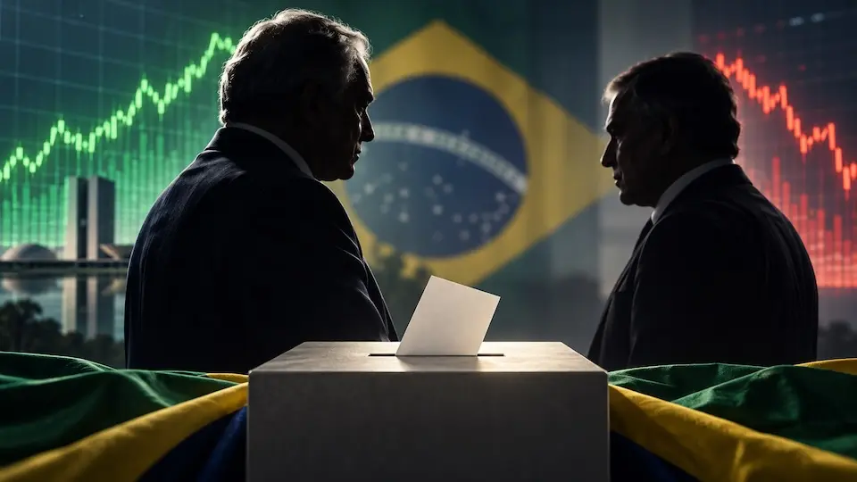 duas silhuetas masculinas em frente a uma urna com bandeira do Brasil ao fundo e gráficos financeiros ao lado