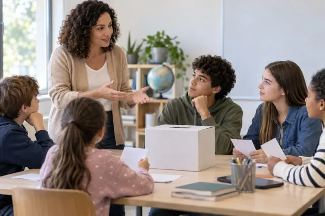 professora conversando com um grupo de estudantes sentados à mesa com uma urna de votação branca no centro
