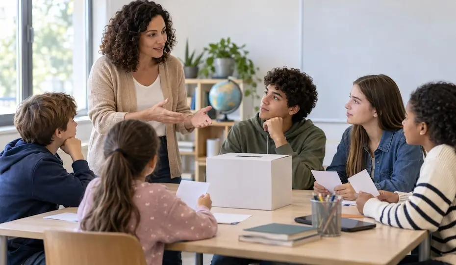 professora conversando com um grupo de estudantes sentados à mesa com uma urna de votação branca no centro