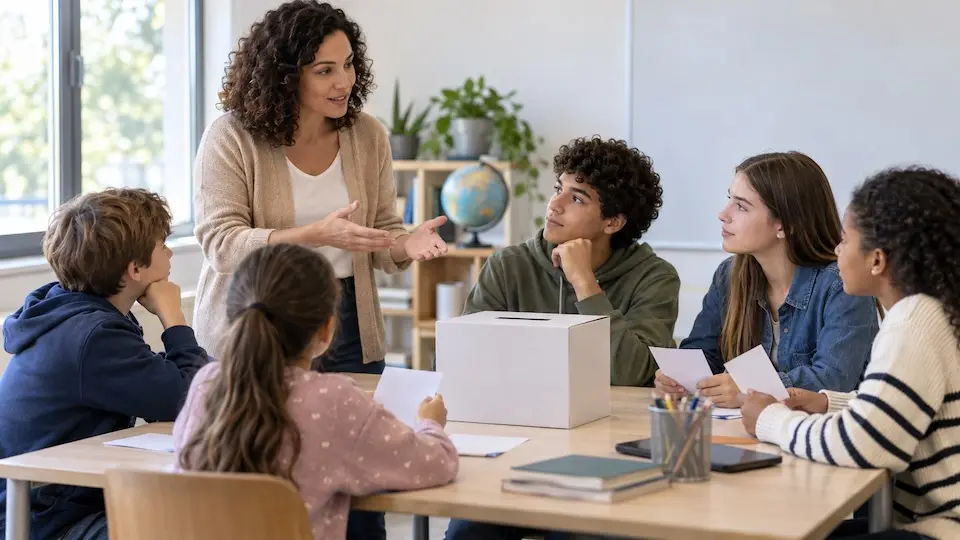 professora conversando com um grupo de estudantes sentados à mesa com uma urna de votação branca no centro
