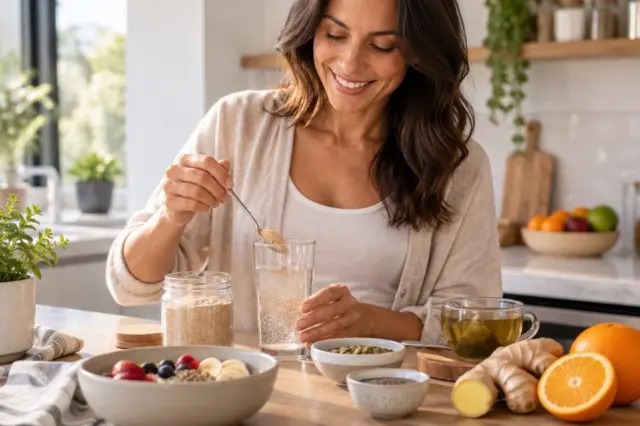 mulher sorrindo preparando uma bebida com pó em copo, com tigelas de frutas, gengibre, laranja e uma xícara de chá sobre bancada de cozinha