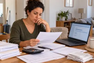 Mulher lendo um documento em mesa com pilhas de papéis, calculadora e notebook