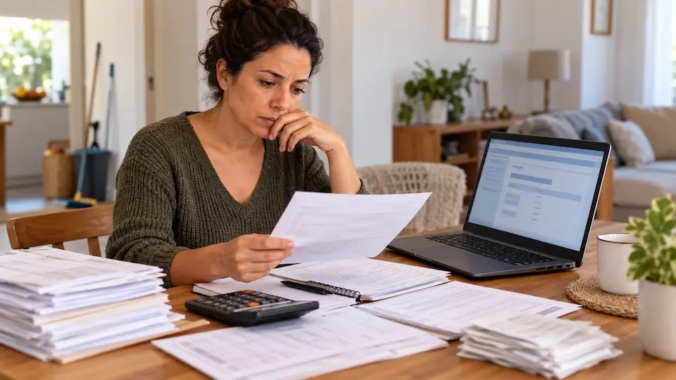 Mulher lendo um documento em mesa com pilhas de papéis, calculadora e notebook