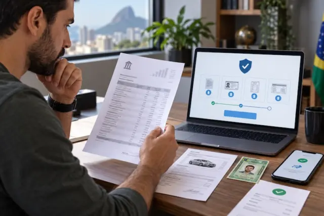 Homem analisa documentos financeiros durante processo de verificação em exchange de criptomoedas