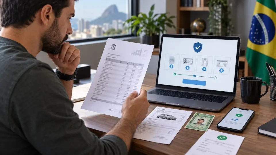 Homem analisa documentos financeiros durante processo de verificação em exchange de criptomoedas