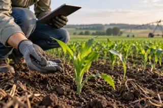Pessoa agachada com luvas segurando grânulos de fertilizante ao lado de mudas de milho em um campo, com pivô de irrigação ao fundo