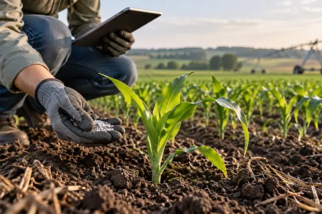 Pessoa agachada com luvas segurando grânulos de fertilizante ao lado de mudas de milho em um campo, com pivô de irrigação ao fundo