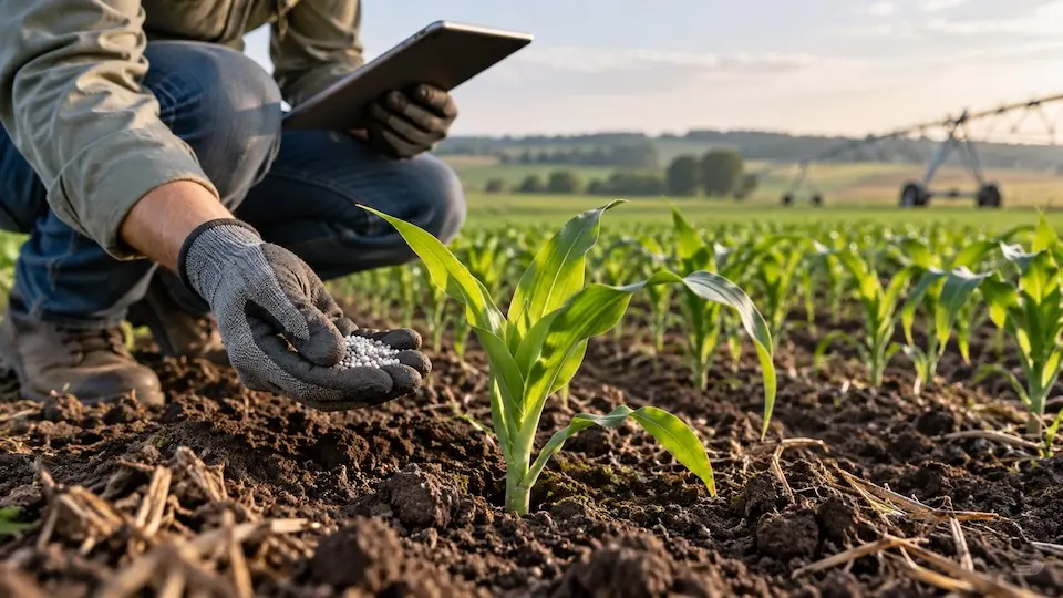 Pessoa agachada com luvas segurando grânulos de fertilizante ao lado de mudas de milho em um campo, com pivô de irrigação ao fundo