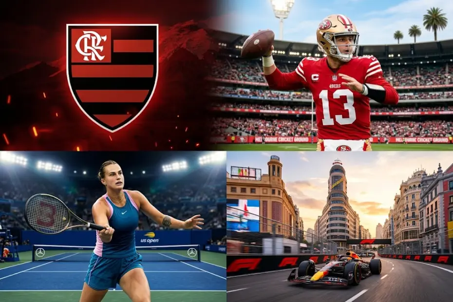 Colagem ilustrativa dos destaques esportivos: escudo do Flamengo sobre montanha, jogador da NFL lançando bola, tenista em quadra de tênis e carro de Fórmula 1 em circuito de rua.