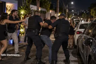 três guardas municipais imobilizam um homem na rua à noite com pessoas ao redor e carros estacionados