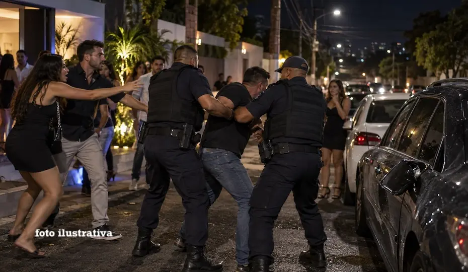 três guardas municipais imobilizam um homem na rua à noite com pessoas ao redor e carros estacionados