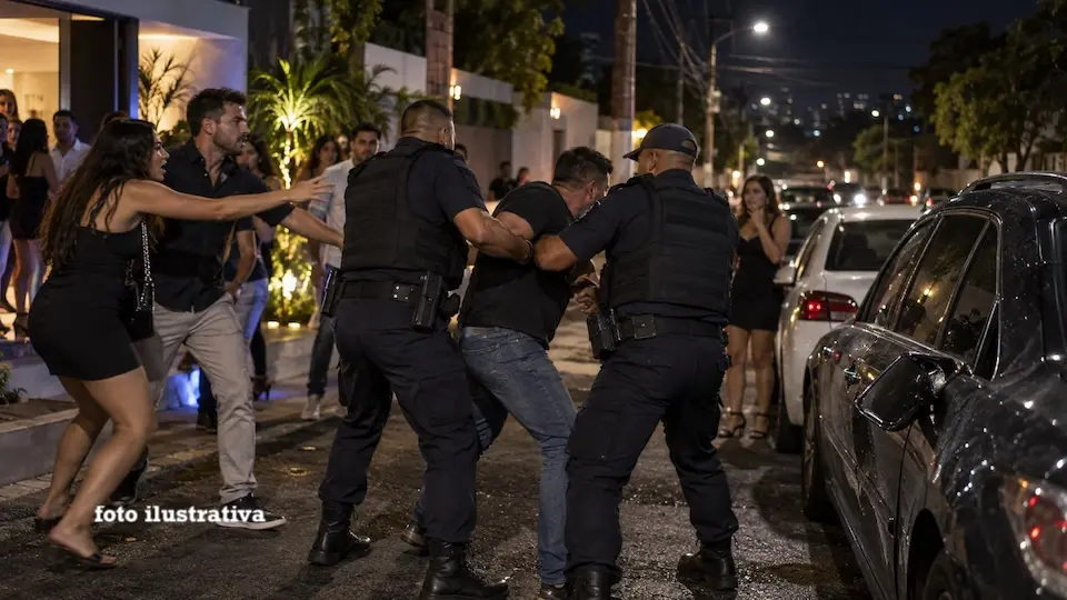 três guardas municipais imobilizam um homem na rua à noite com pessoas ao redor e carros estacionados