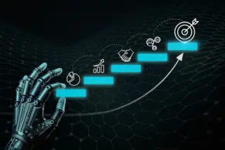 Mão robótica metálica à esquerda alcançando degraus iluminados azuis com ícones de gráficos, aperto de mãos e alvo sobre fundo hexagonal escuro