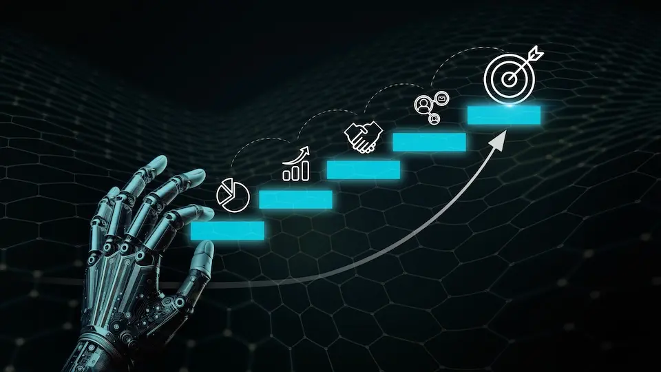 Mão robótica metálica à esquerda alcançando degraus iluminados azuis com ícones de gráficos, aperto de mãos e alvo sobre fundo hexagonal escuro