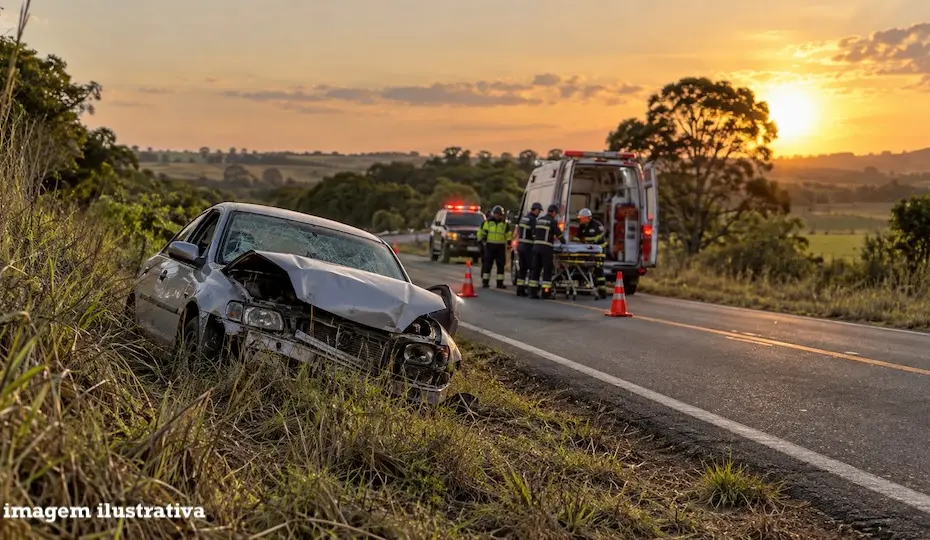 Carro com a frente amassada na margem de uma rodovia, com equipe de resgate, ambulância e cones na pista ao fundo, céu ao pôr do sol e selo 'imagem ilustrativa' no canto
