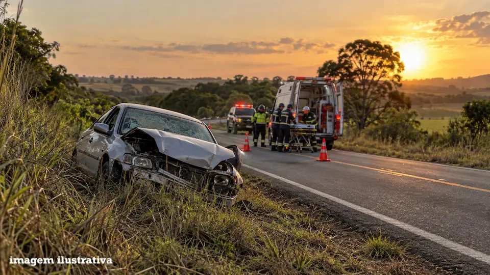 Carro com a frente amassada na margem de uma rodovia, com equipe de resgate, ambulância e cones na pista ao fundo, céu ao pôr do sol e selo 'imagem ilustrativa' no canto