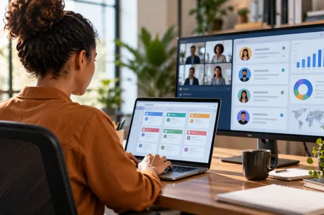 Pessoa sentada de costas trabalhando em laptop com monitor grande exibindo dashboards e videoconferência