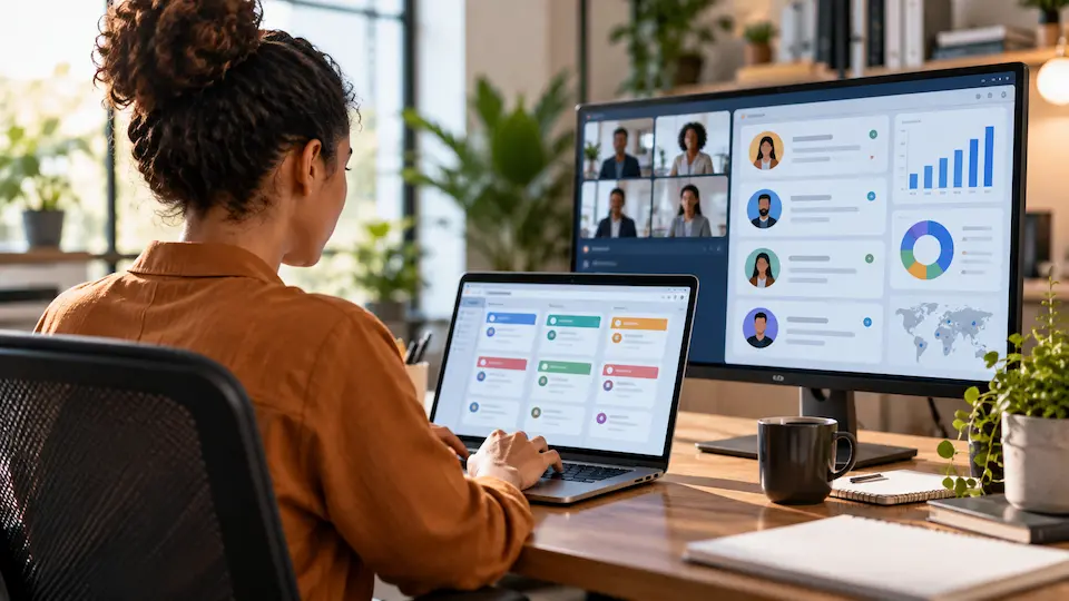 Pessoa sentada de costas trabalhando em laptop com monitor grande exibindo dashboards e videoconferência