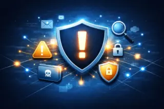 Escudo central com ponto de exclamação rodeado por ícones de alerta, cadeado, lupa e pasta com caveira sobre fundo azul com pontos luminosos conectados