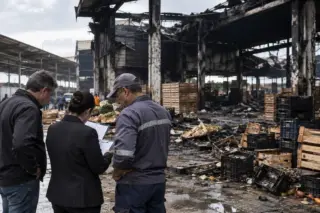 Três pessoas de costas observam pavilhão queimado com estruturas carbonizadas, caixas e restos de frutas espalhados no chão molhado