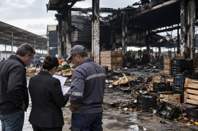 Três pessoas de costas observam pavilhão queimado com estruturas carbonizadas, caixas e restos de frutas espalhados no chão molhado