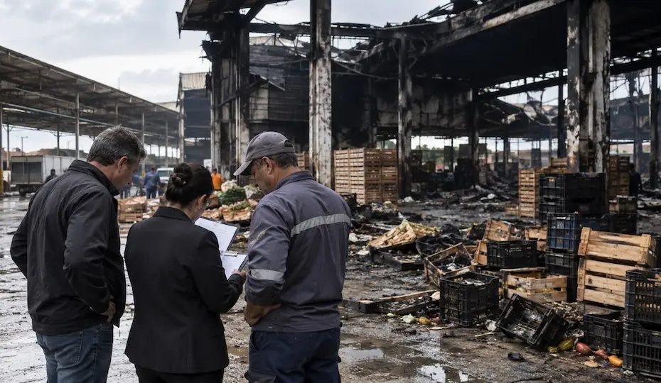 Três pessoas de costas observam pavilhão queimado com estruturas carbonizadas, caixas e restos de frutas espalhados no chão molhado