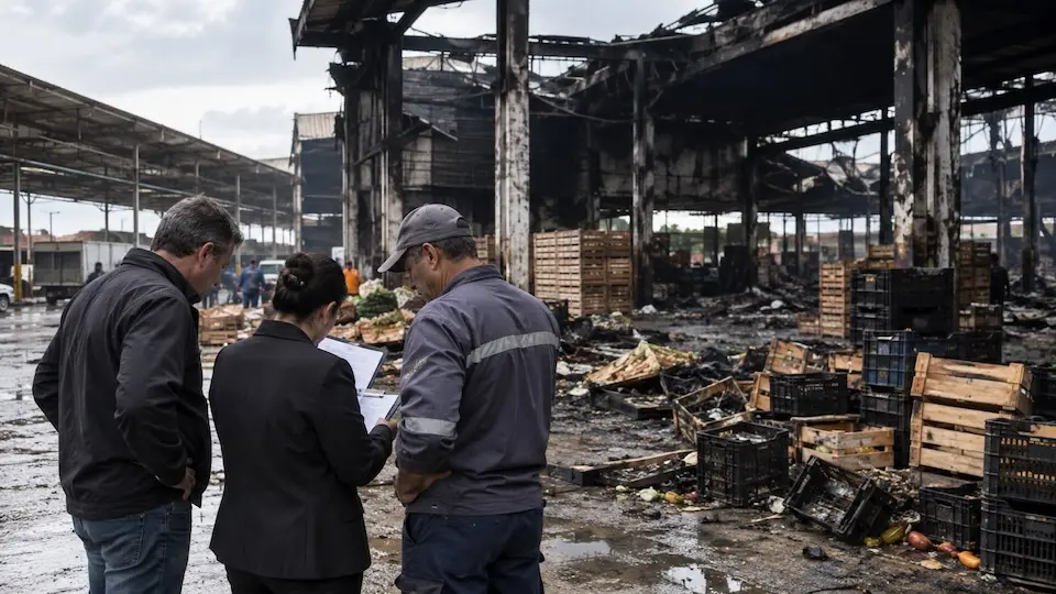 Três pessoas de costas observam pavilhão queimado com estruturas carbonizadas, caixas e restos de frutas espalhados no chão molhado