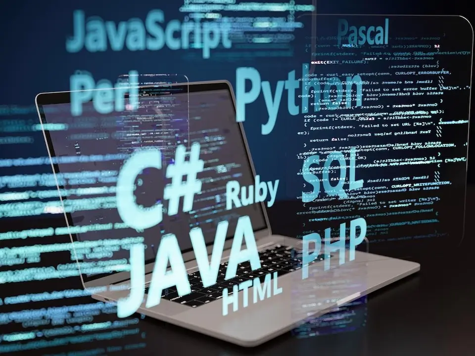 Notebook aberto com linhas de código e nomes de linguagens de programação (JAVA, C#, JavaScript, Python, PHP, SQL, HTML, Ruby, Perl, Pascal) sobrepostos