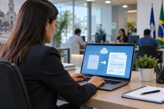 Pessoa sentada de costas em uma mesa de escritório usando notebook com tela mostrando ícones de nuvem e documentos; bandeiras brasileiras ao fundo