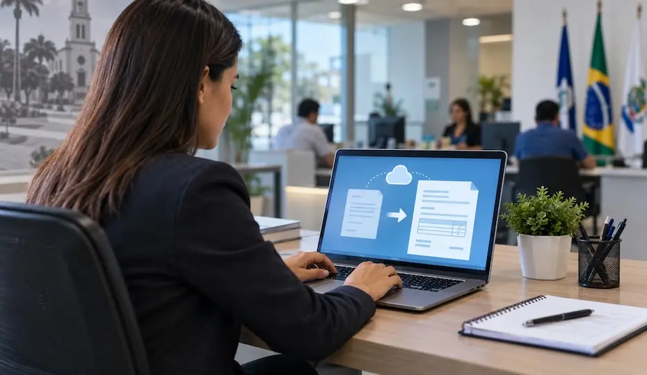 Pessoa sentada de costas em uma mesa de escritório usando notebook com tela mostrando ícones de nuvem e documentos; bandeiras brasileiras ao fundo