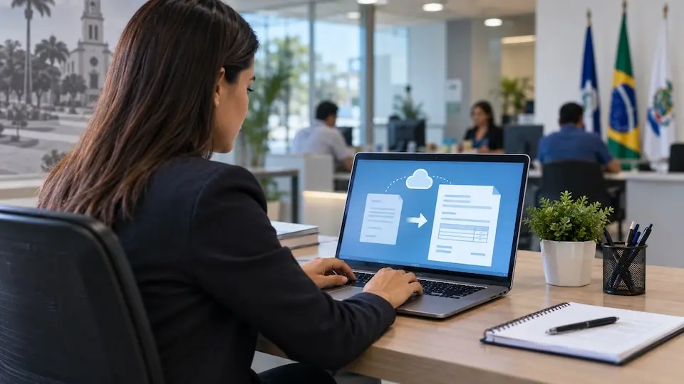 Pessoa sentada de costas em uma mesa de escritório usando notebook com tela mostrando ícones de nuvem e documentos; bandeiras brasileiras ao fundo